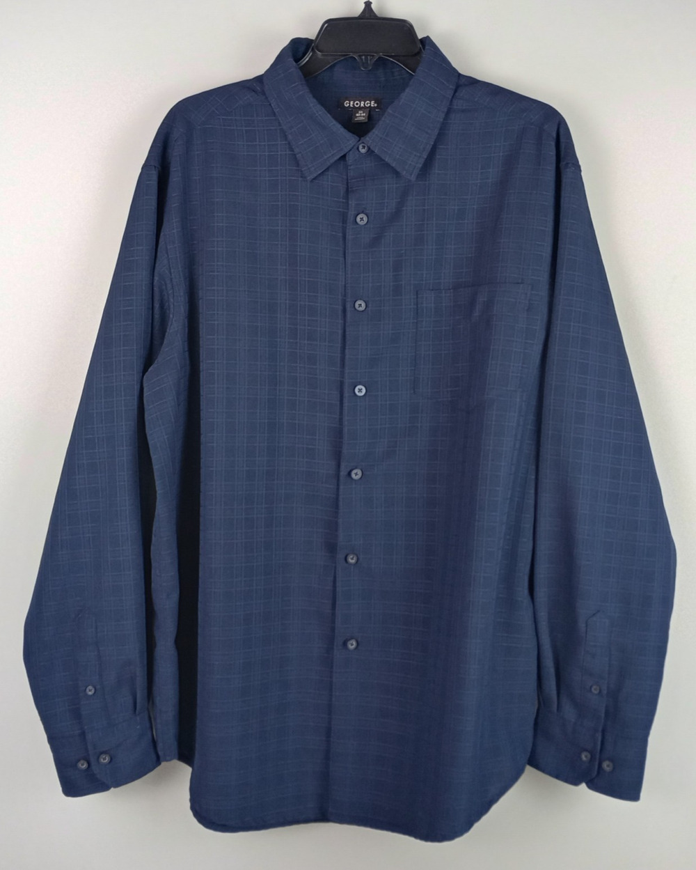 George Mens L 42-44 Navy Blue Check Casual Button Up Long Sleeve Shirt